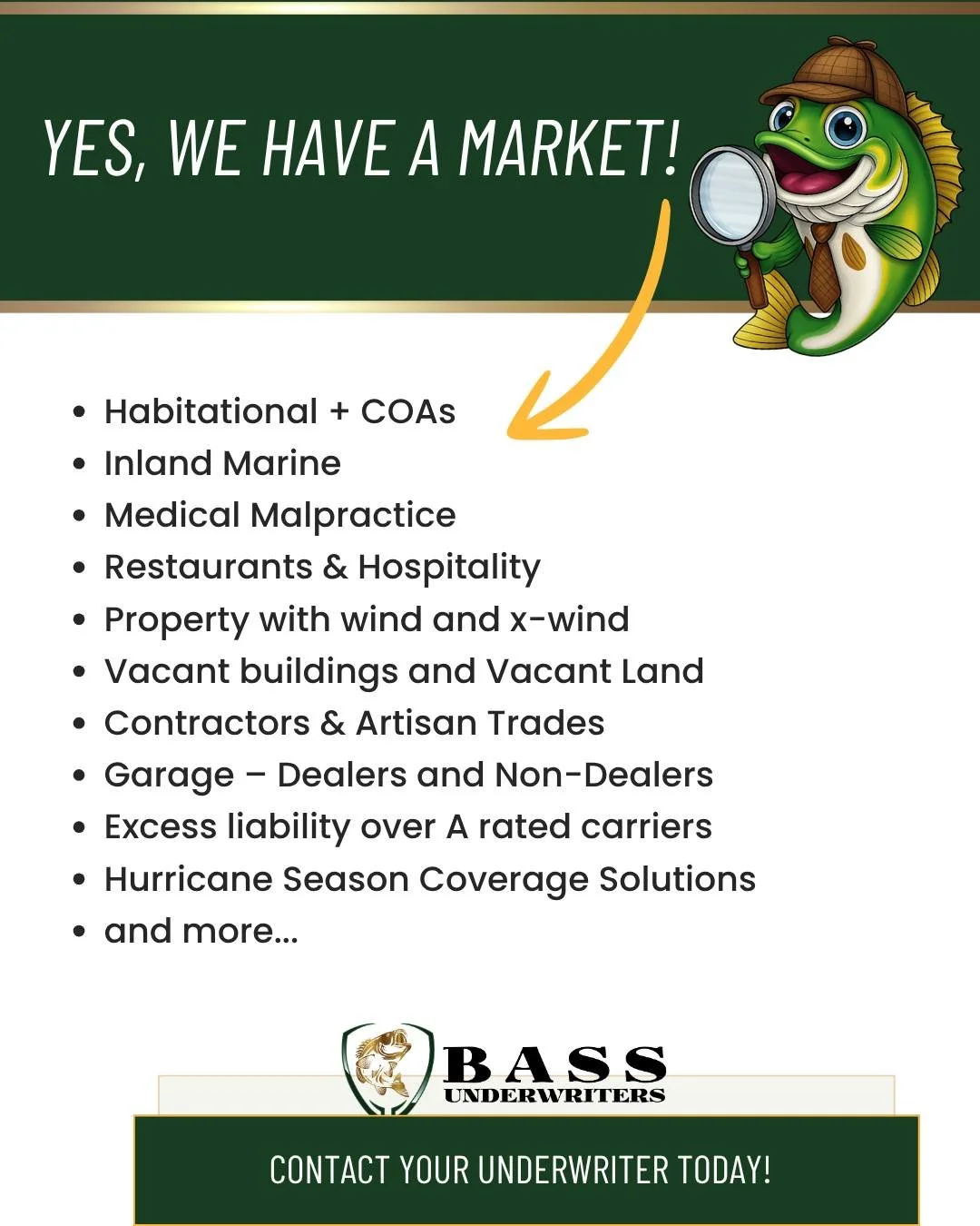 We&rsquo;ve got the markets for it! 💼✨

From Habitational and Hospitality to Contractors, Garage, and Medical Malpractice, our underwriters have access to competitive programs built to fit your clients&rsquo; toughest risks.

When your submission ne