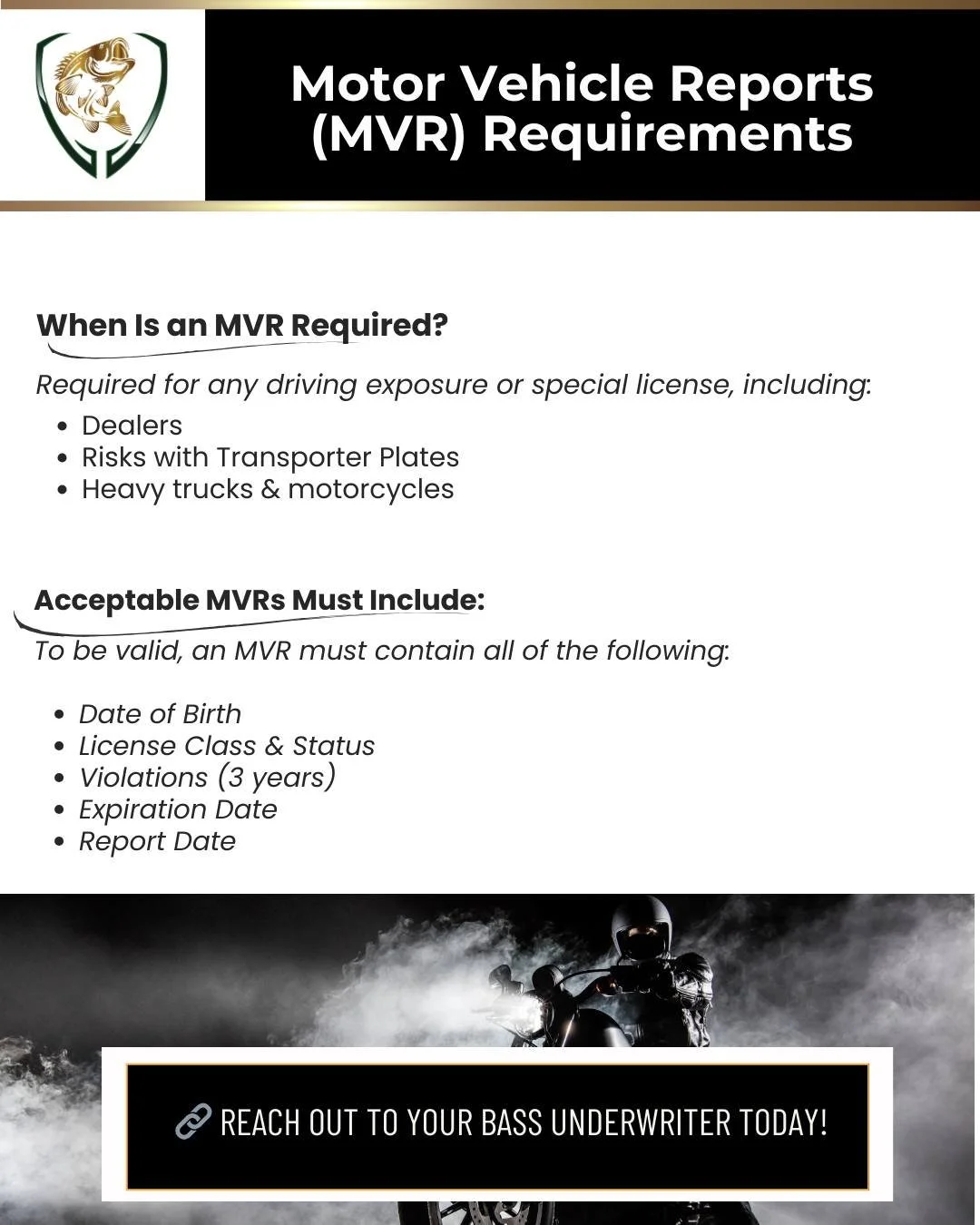 Understanding MVR requirements early helps keep your submissions moving smoothly.

If your risk involves driving exposure or special licenses, be sure to send valid MVRs along with your submission.

Our team is here to help &mdash; reach out with any