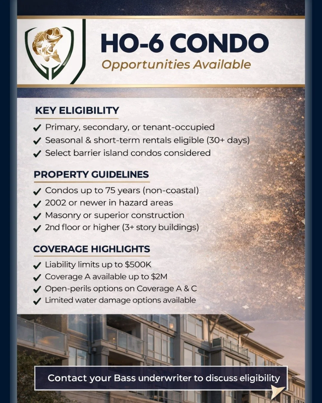 If you&rsquo;re seeing more HO-6 condo risks on your desk, we can help.

From occupancy flexibility to strong coverage options, Bass works with multiple markets to support your condo placements.