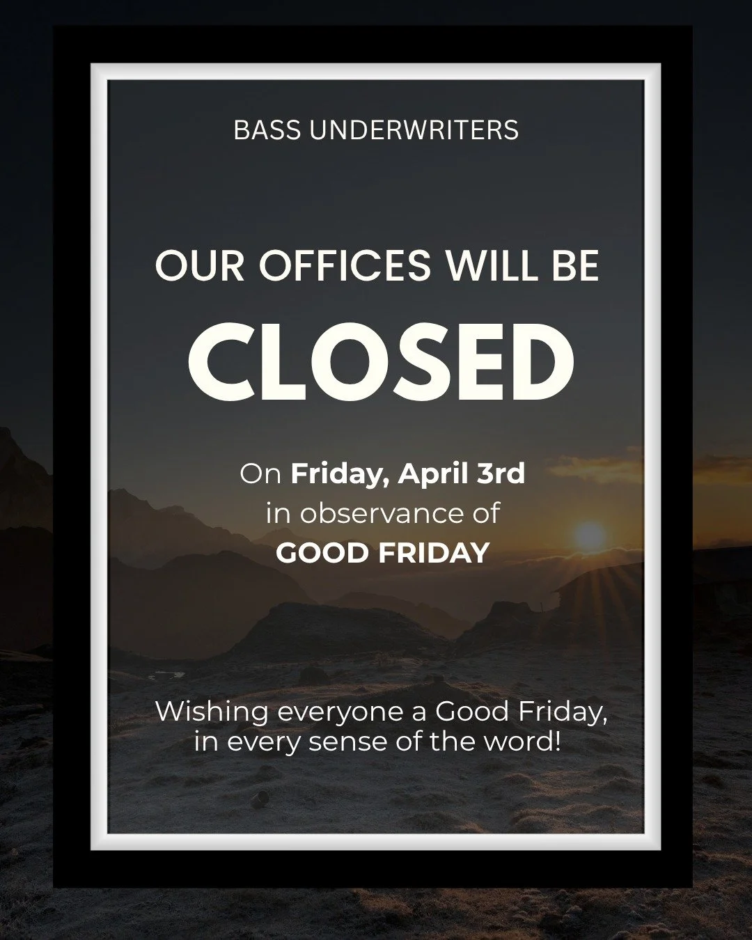 Please be advised that our office will be closed on Friday, April 3rd, in observance of Good Friday. 

We will be back on Monday, April 6th, ready to serve you.