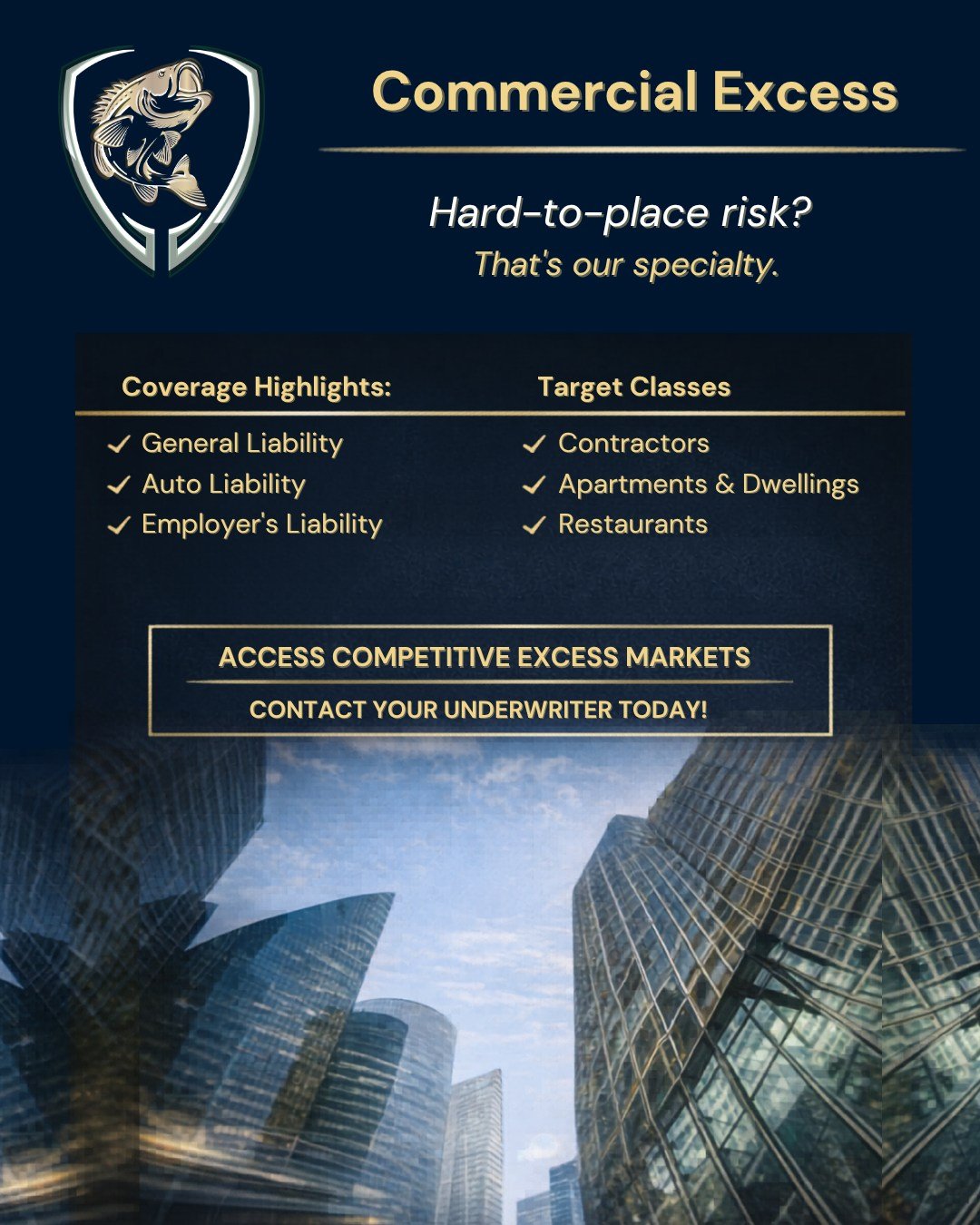 When primary limits aren't enough, Bass Underwriters steps in. 

Our Commercial Excess program offers flexible, competitive solutions for hard-to-place risks with up to $10M capacity and coverage across GL, Auto, Employer's, Liquor, EBL, and more. 

