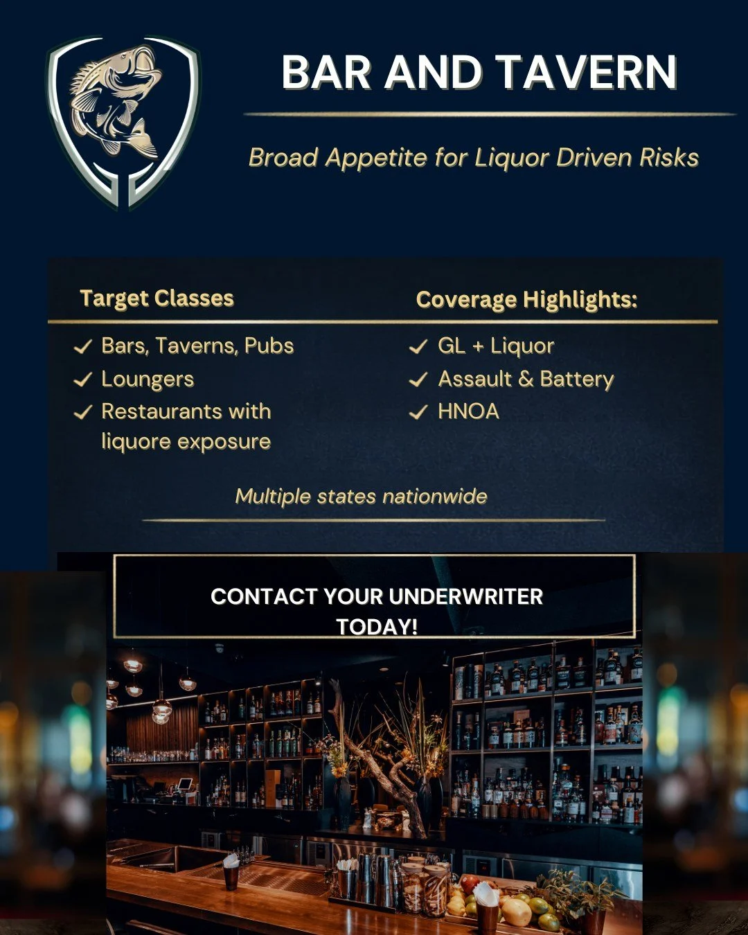 Bar &amp; Tavern business to place?

We offer a broad appetite for liquor-driven risks, including bars, taverns, pubs, lounges, and restaurants with liquor exposure.

Reach out to Bass Underwriters for details and submission requirements.