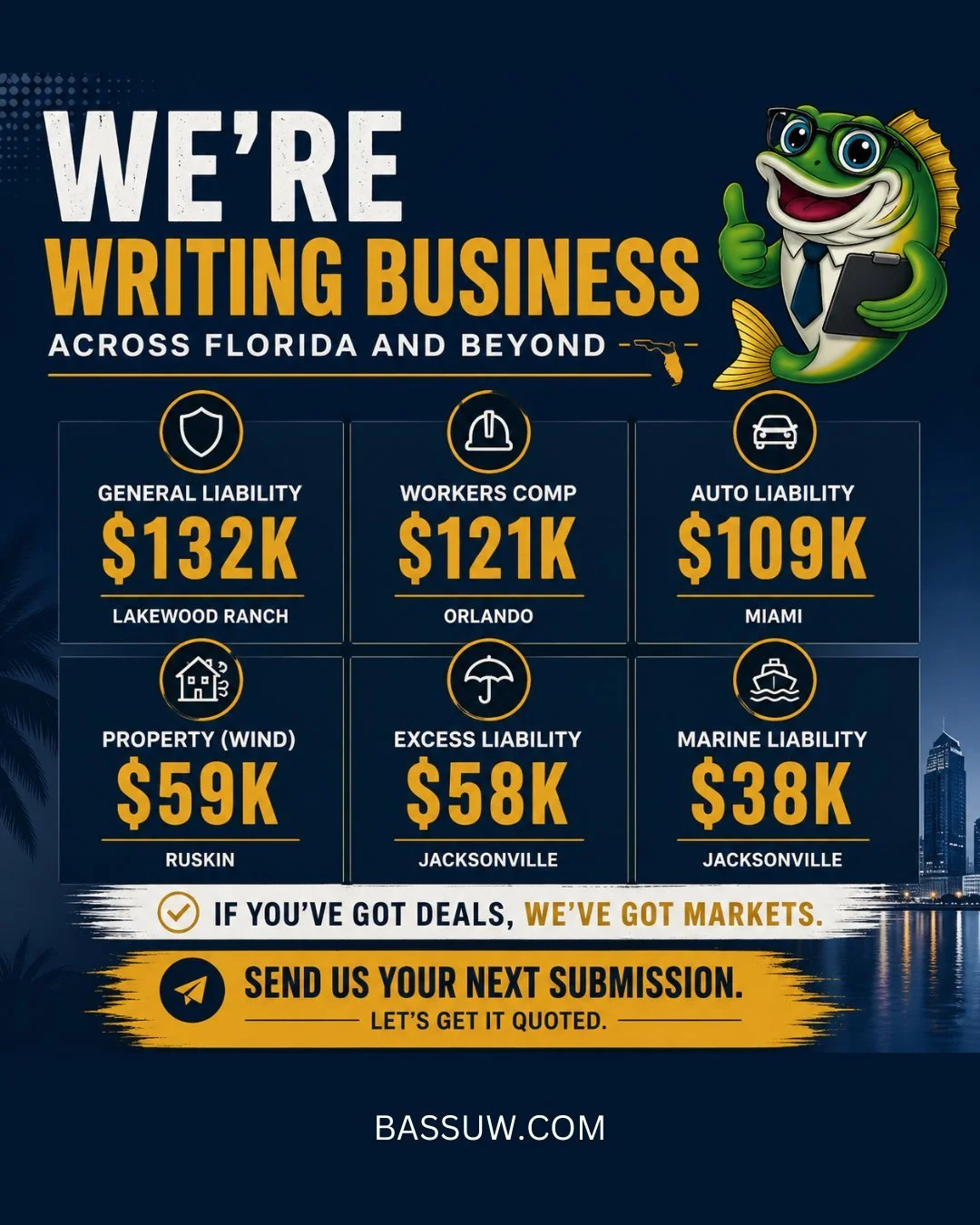 We&rsquo;re writing business.

From GL to WC, Property to Marine, we&rsquo;re helping agents place risks across the board.

If you&rsquo;ve got deals sitting, send them over. Let&rsquo;s get them across the finish line.