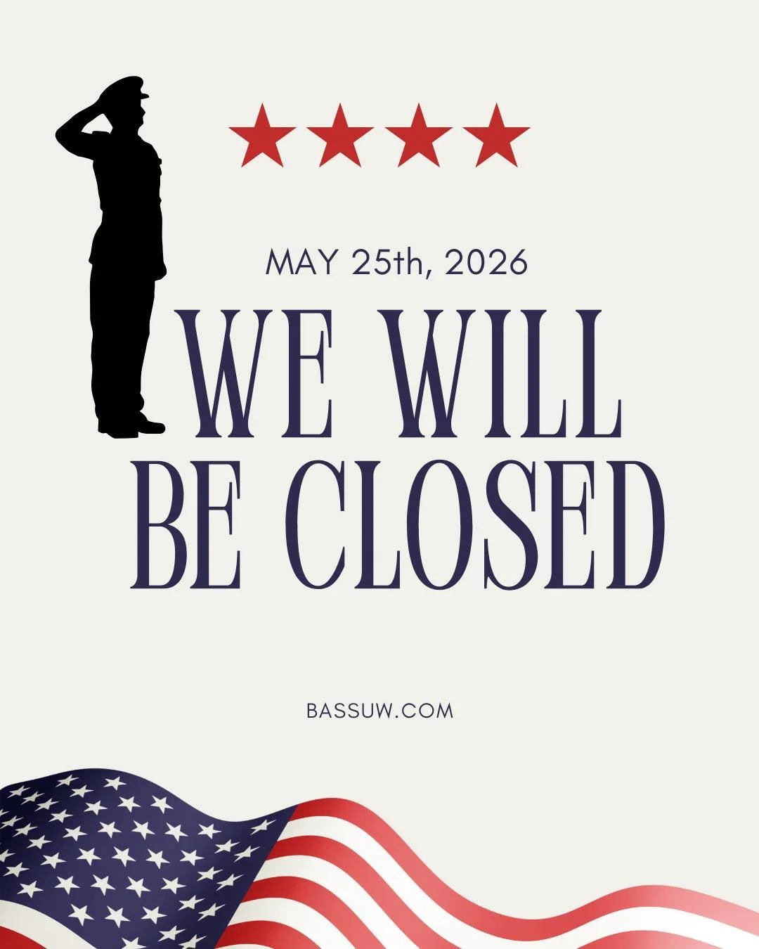 Bass Underwriters will be closed on Monday, May 25th in observance of Memorial Day as we honor and remember those who have served.

We will resume normal business hours on Tuesday.