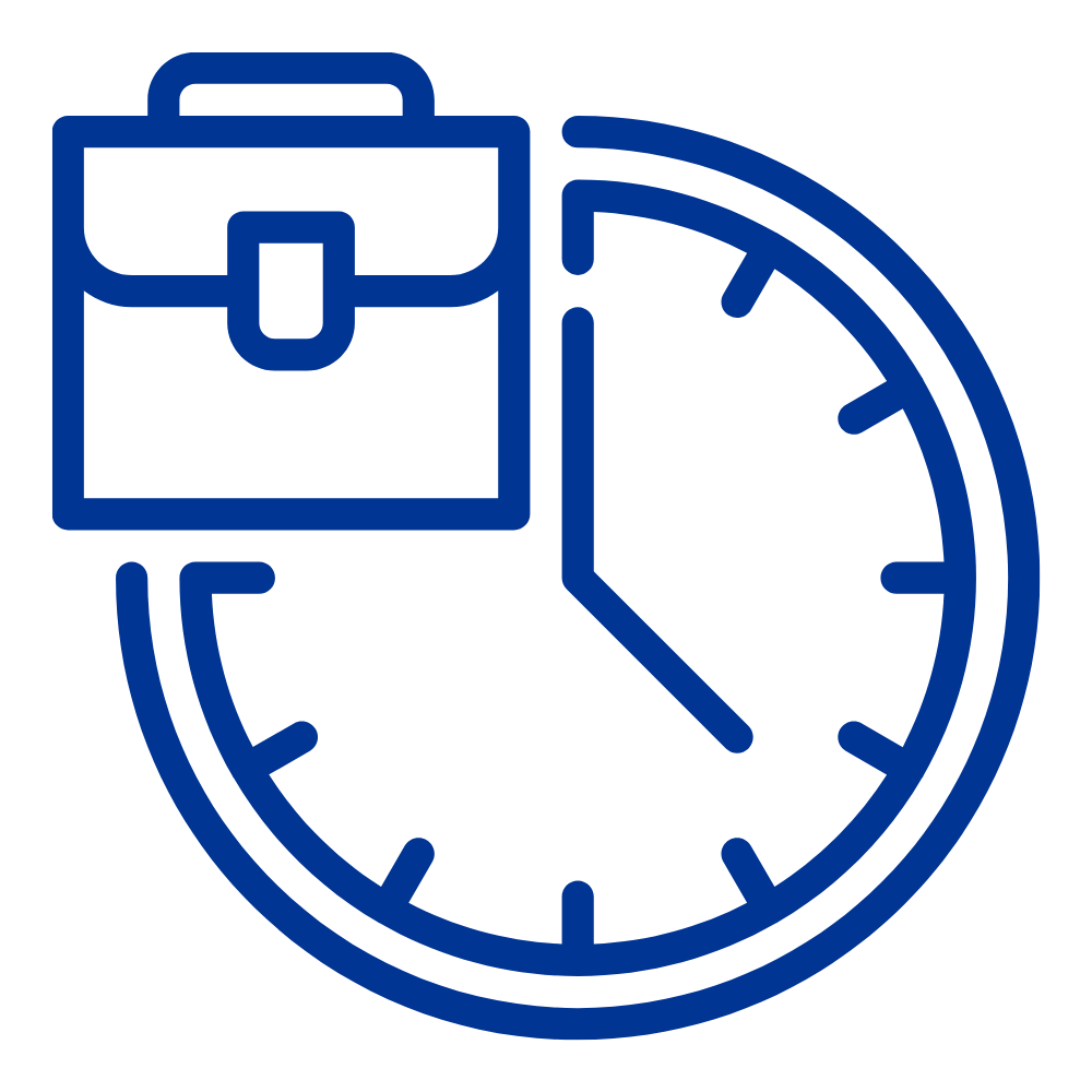 Icon eines Uhrenzugs mit Aktentasche, symbolisiert Zeitmanagement oder pünktliche Arbeit.