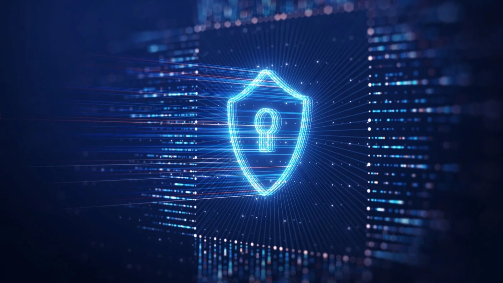 Schreiben      Leuchtendes digitales Schutzschild mit Schloss vor dunkelblauem Technologiehintergrund als Symbol für Cybersicherheit und den Schutz digitaler Produkte im Rahmen des Cyber Resilience Act.
