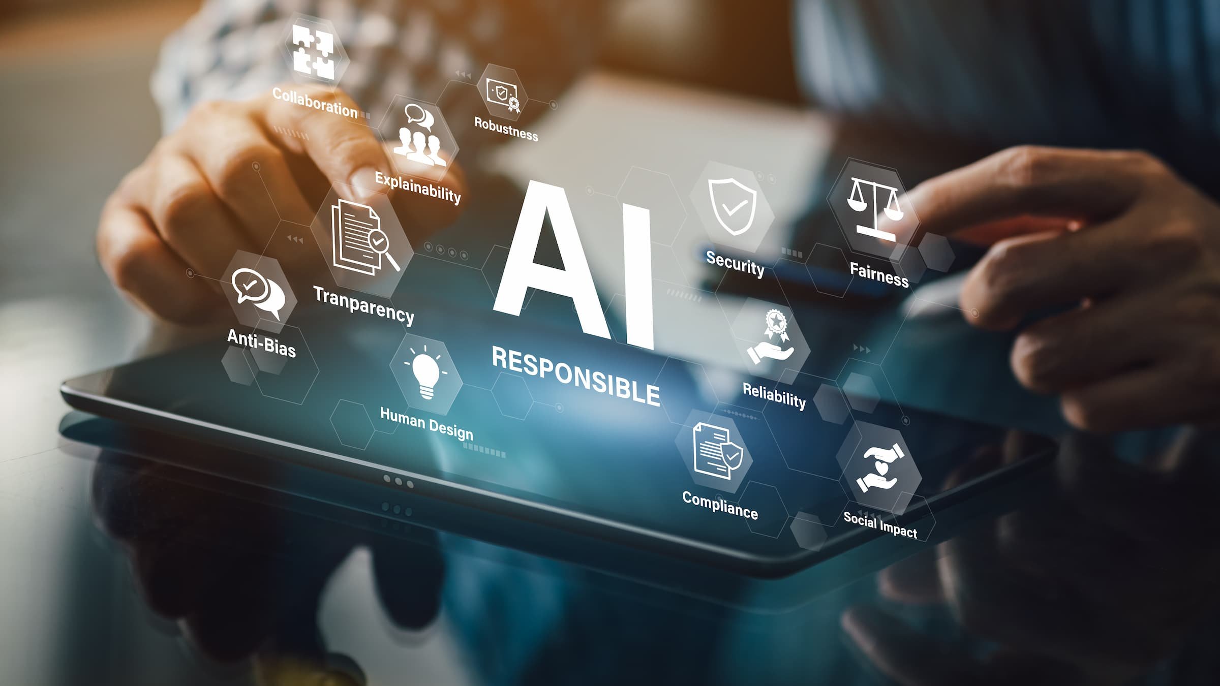 Visualisierung verantwortungsvoller Künstlicher Intelligenz mit den Schwerpunkten Transparenz, Compliance, Sicherheit und Fairness.