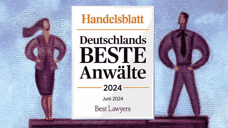 Titelbild mit der Aufschrift "Handelsblatt Deutschlands Beste Anwälte 2024" und zwei Illustrationen.