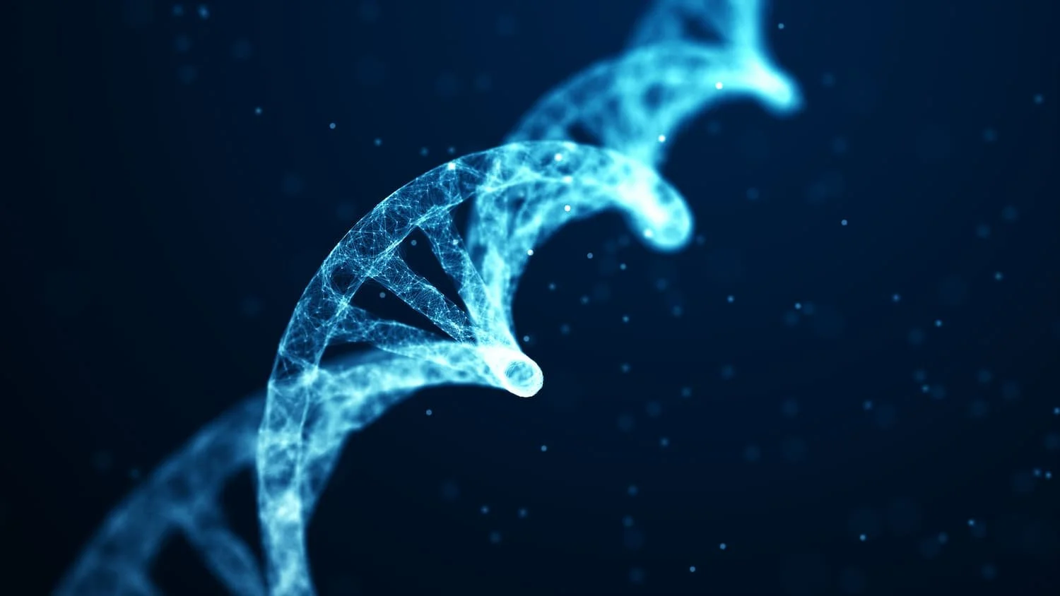Animierte Darstellung einer Doppelhelix aus leuchtenden blauen Linien gegen einen dunklen Hintergrund, symbolisiert DNA.