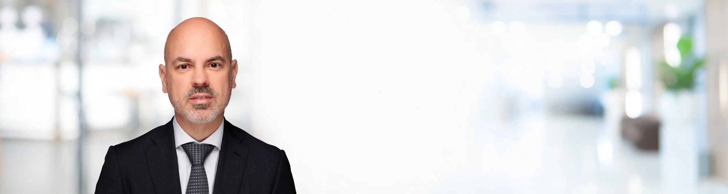 Porträt eines maskulinen Mannes in formeller Kleidung vor einem unscharfen, hellem Hintergrund.