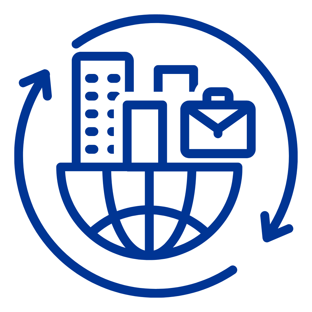 Icon eines Kreisdiagramms mit Stadtgebäuden, einem Aktenkoffer und einer weltweiten Netzwerkkugel, umgeben von Pfeilen, symbolisiert globales Daten- oder Informationsmanagement.