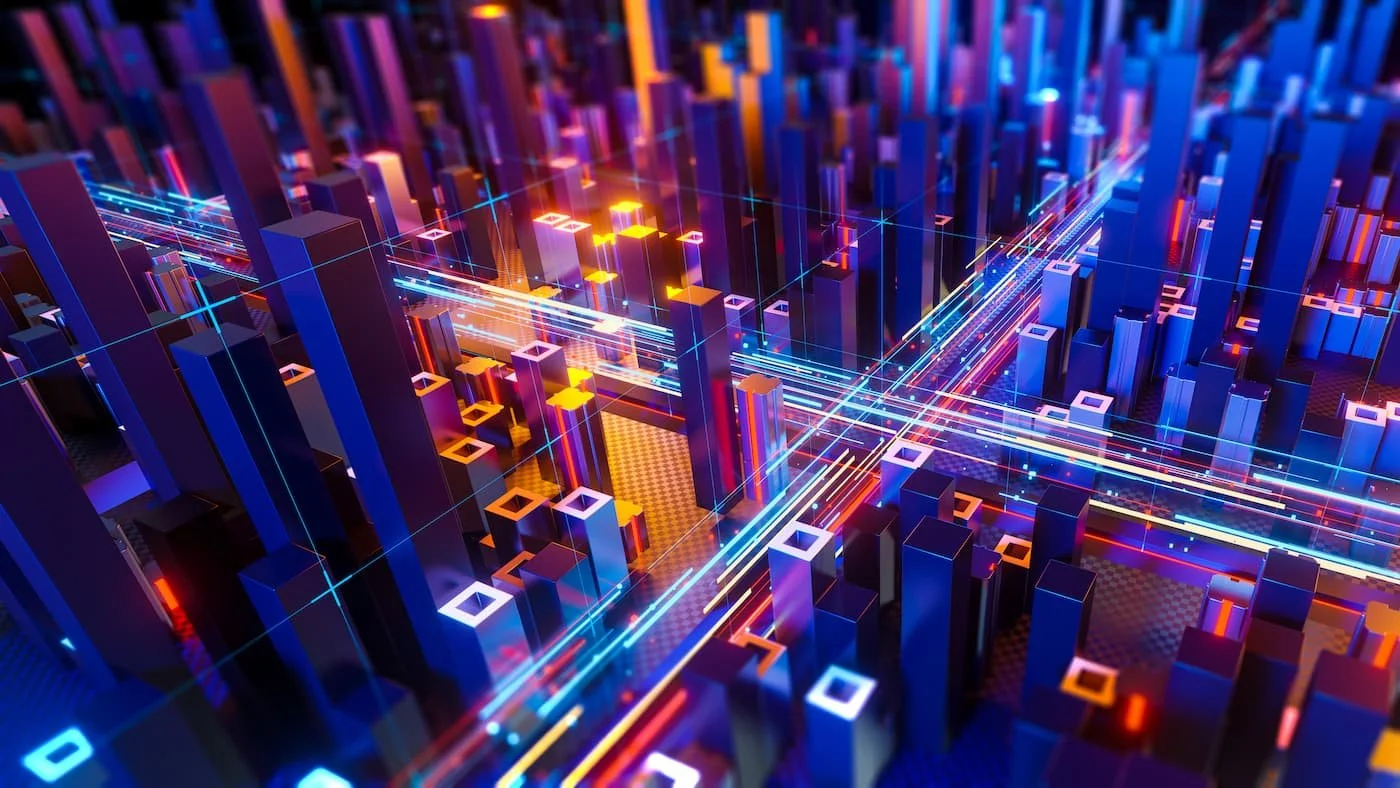 Abstrakte digitale Infrastruktur mit vernetzten Datenströmen als Symbol für kritische Infrastrukturen, Resilienz, Cybersecurity und die Anforderungen des KRITIS-Dachgesetzes.