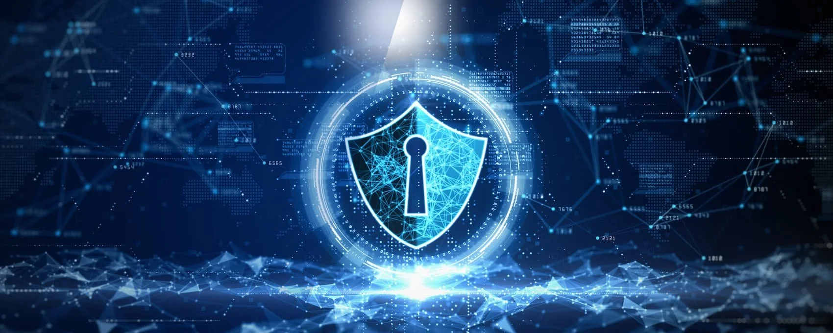 Digitales Sicherheitssymbol mit Schild und Schlüsselloch vor vernetztem Hintergrund: Darstellung von IT-Sicherheit, Datenschutz und Cybersecurity.