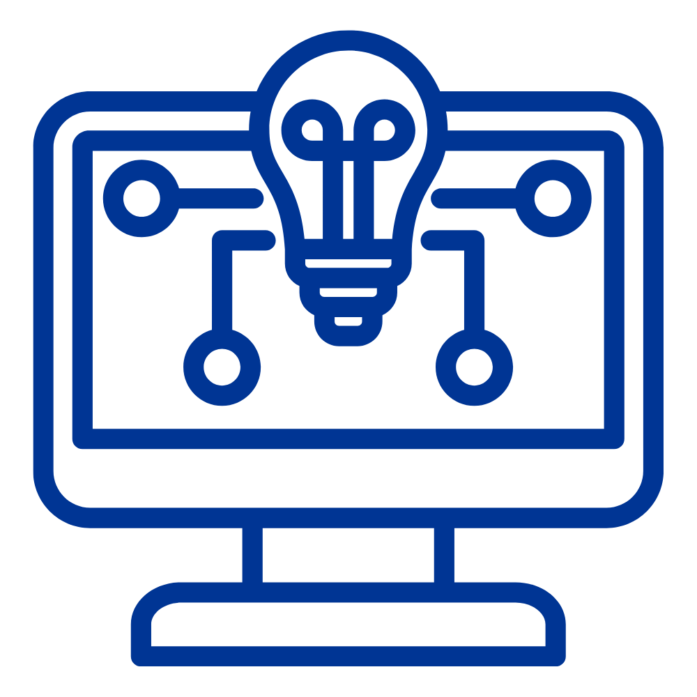 Digitales Symbol für Technologie und Innovation mit Computer, Lichtquelle, Netzwerke und Glühbirne.