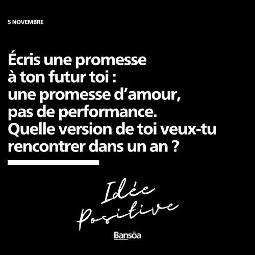 Et bonne journ&eacute;e !

&Eacute;cris une promesse &agrave; ton futur toi : 
une promesse d&rsquo;amour, pas de performance. 
Quelle version de toi veux-tu rencontrer dans un an ?

#accompagnement #coaching #pr&eacute;parationmentale #sant&eacute;m