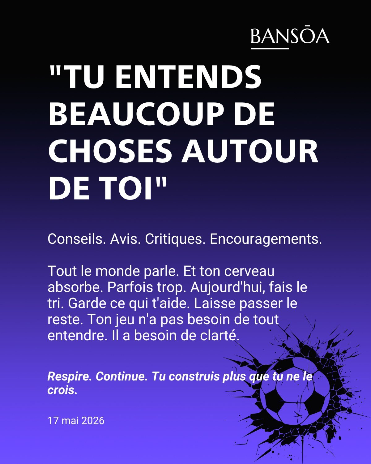 &ldquo;Tu entends beaucoup de choses autour de toi&rdquo;

Conseils.
Avis.
Critiques.
Encouragements.

Tout le monde parle.

Et ton cerveau absorbe.

Parfois trop.

Aujourd&rsquo;hui, fais le tri.

Garde ce qui t&rsquo;aide.
Laisse passer le reste.

