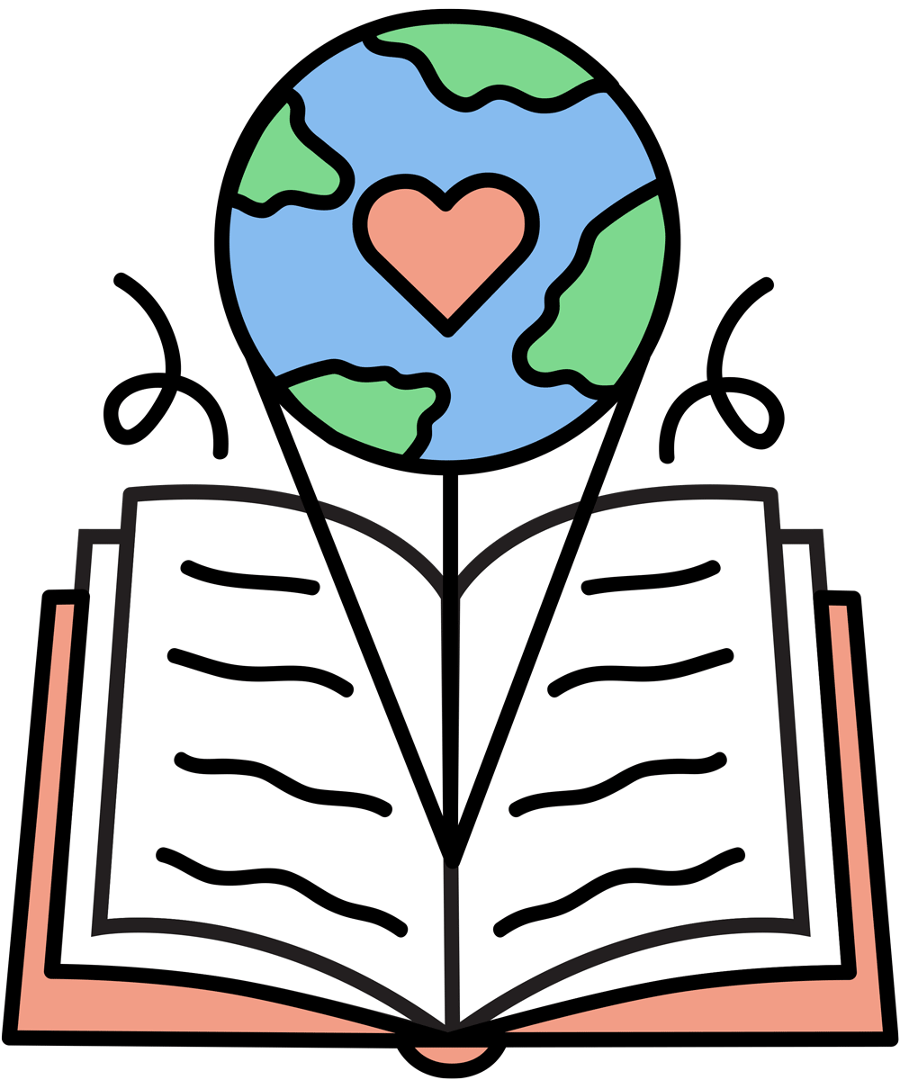 An open book with a drawing of the Earth above it, connected by lines to a heart on the planet, symbolizing love and care for the world.