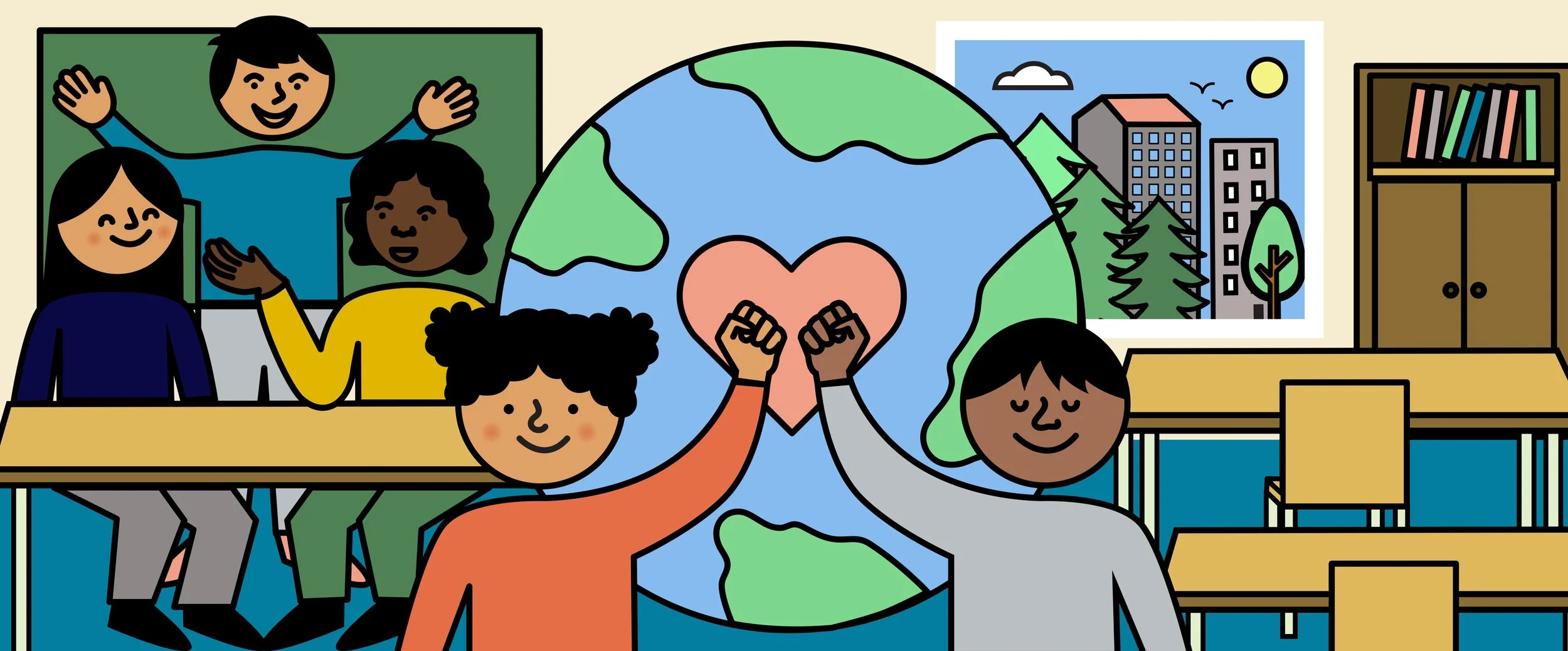 Cute illustration of children in a classroom with a large globe, a picture of a cityscape window, and bookshelves, emphasizing diversity, friendship, and learning.