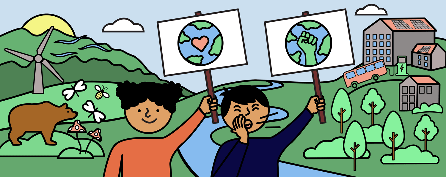 Illustration of two children holding protest signs advocating for climate action, with images of the Earth and a raised fist, surrounded by renewable energy symbols, wildlife, and eco-friendly elements.