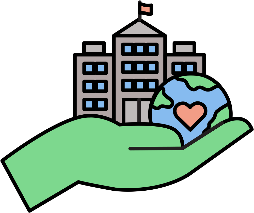 A hand holding a globe with a heart on it, in front of a large building with a flag.