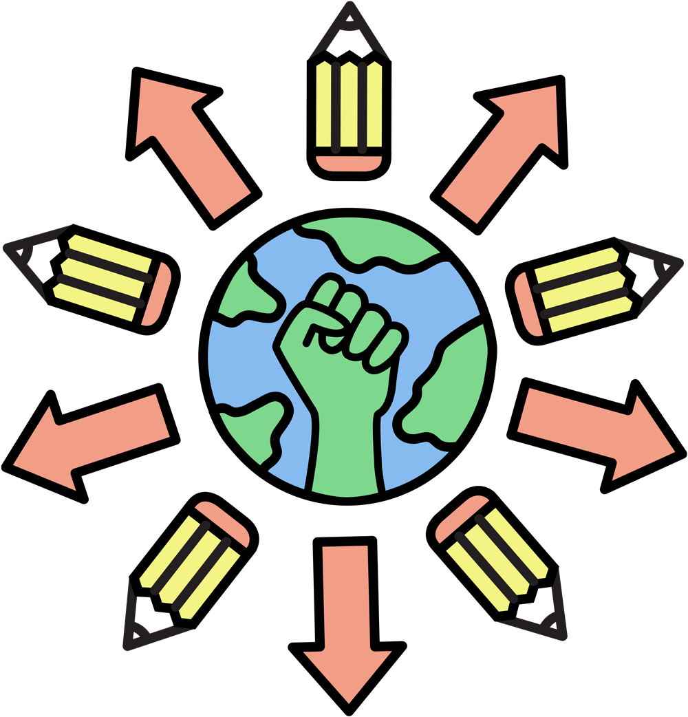 Illustration of a green fist raised in front of a globe, surrounded by six pencils and six arrows pointing outward.