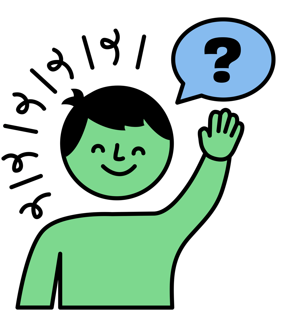 A happy cartoon person with a green face and black hair, smiling and waving, with a speech bubble containing a question mark.