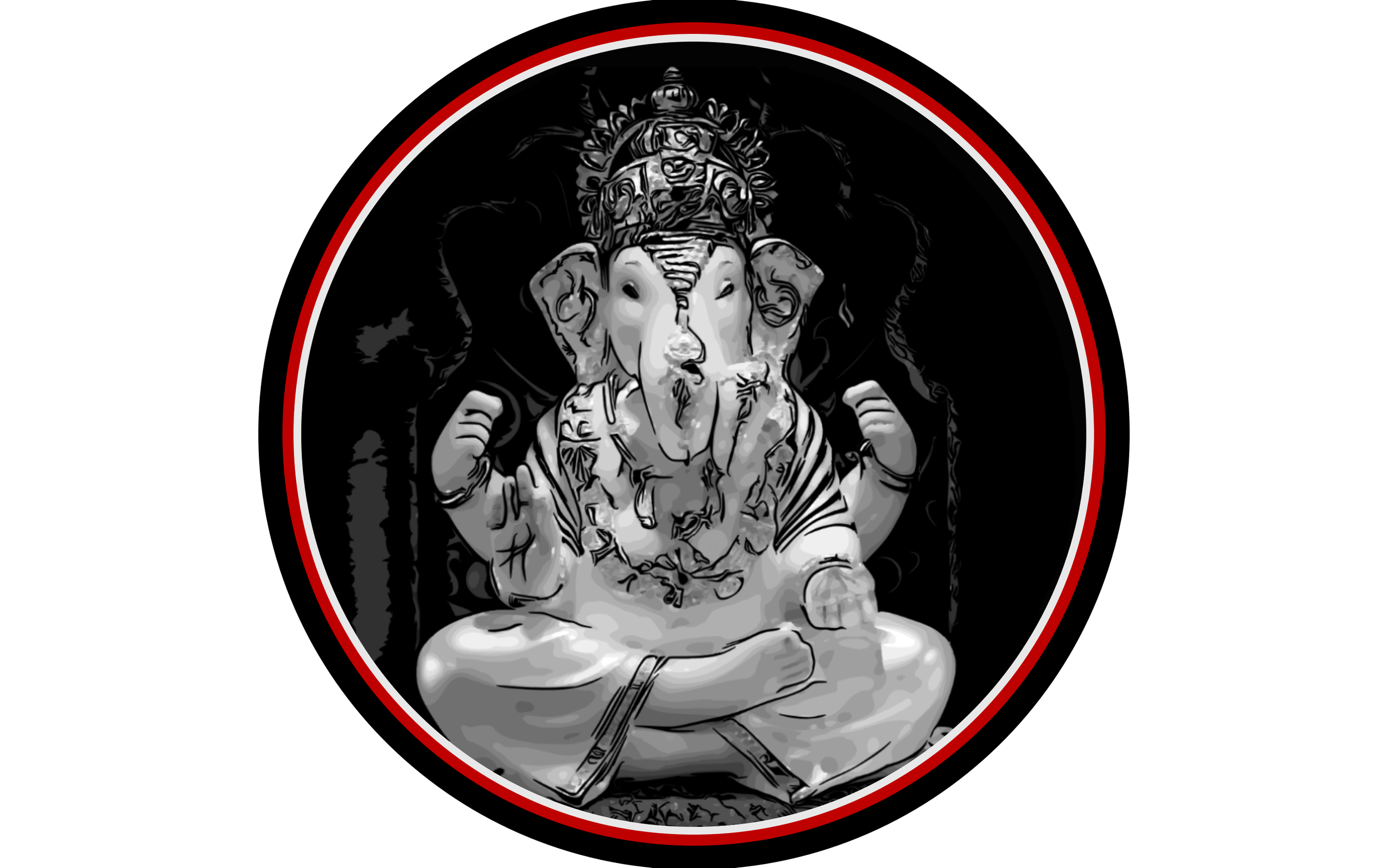 Ganesh picture with artistic vector, red, white and black lined circle around the image.Spirituality resource page profile for The Vermilion Border
