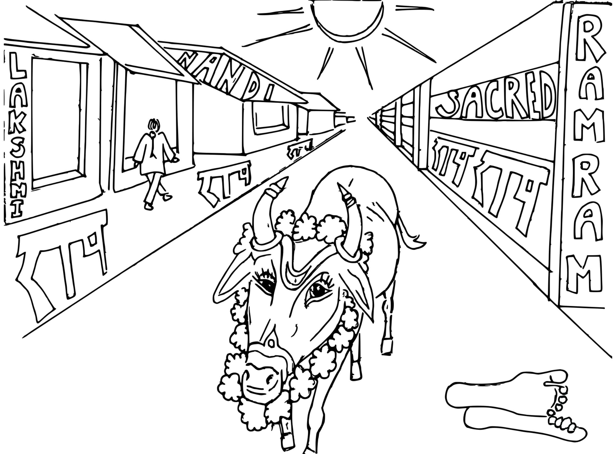 A black and white line drawing illustration of a cow walking down a street in India next to a person walking the other direction.  The words written in association to the cow are sacred, Ram, Nandi, Lakshmi.