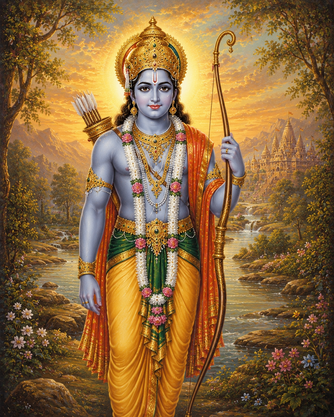 A painting of Lord Rama, a Hindu deity, standing in a landscape with trees, mountains, a river, and a palace in the background. He is depicted with blue skin, adorned with gold jewelry, flowers, and traditional clothing, holding a bow.