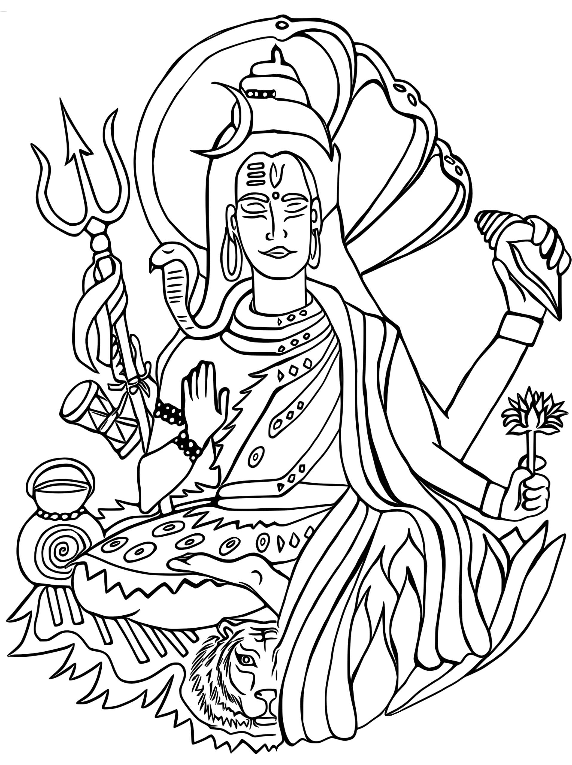 A black and white drawing illustration of a person meditating in a seated cross-legged position, depicted as Shiva as one half the body and Vishnu the other half.