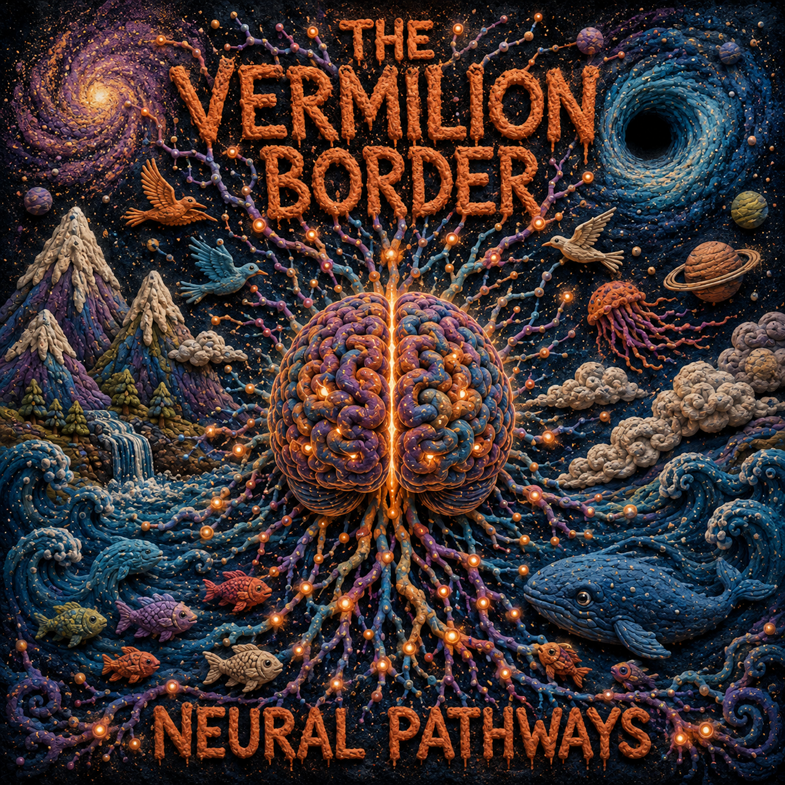 A digital art piece with colorful planets, swirling galaxies, and space elements. The words 'The Vermilion Border' and 'Neural Pathways' are written in textured orange letters. The scene includes birds, mountains, and luminous, interconnected pathways suggesting a neural network in space.