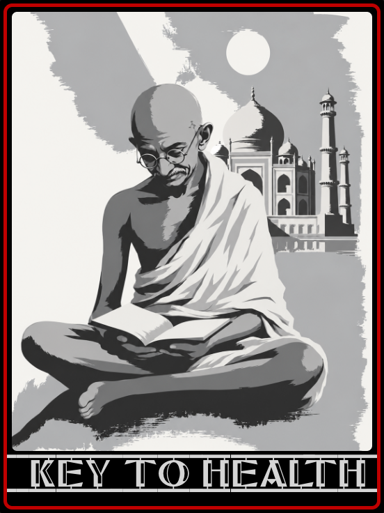 Poster titled 'Key to Health' featuring a person sitting cross-legged with eyes closed, reading a book, with the Taj Mahal in the background. The poster includes a quote about health and mentions Gandhi.