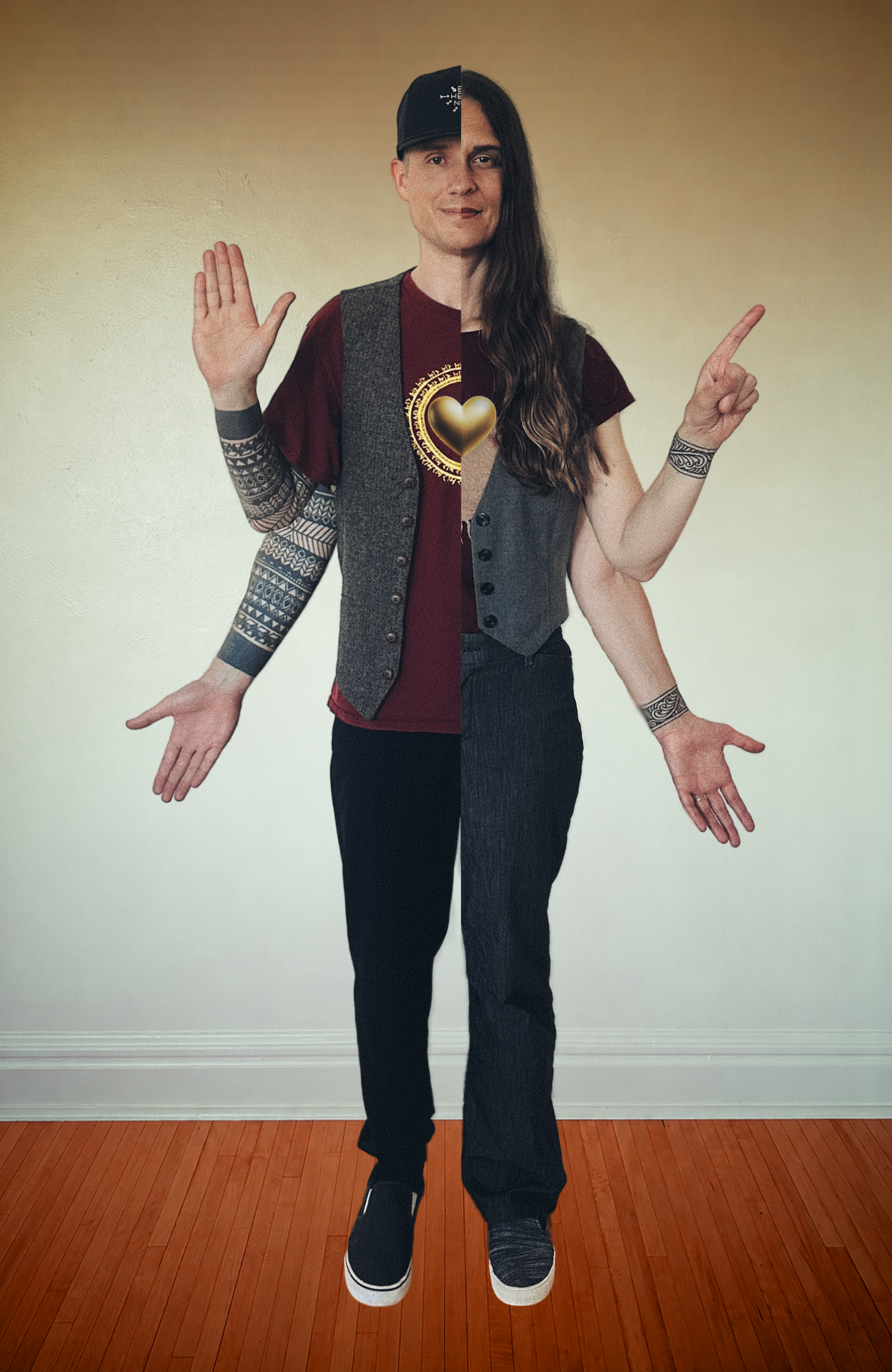Two people, four arms, tattoos, and a split face, standing against a yellowish wall, wearing casual clothes and sneakers, with one hand raised and the other pointing to the right.