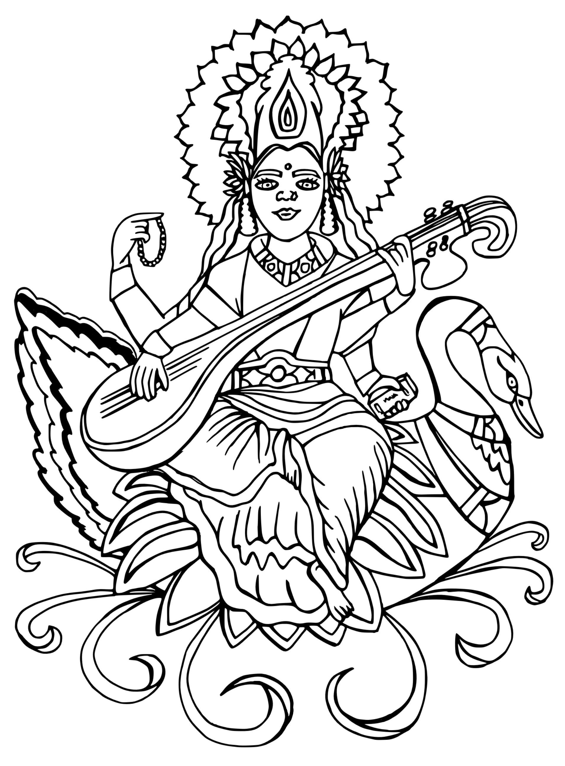 A black and white line drawing illustration of the Hindu Goddess Saraswati playing her veena and riding her vahana, the swan, holding mala and holy book.  Sitting on lotus.