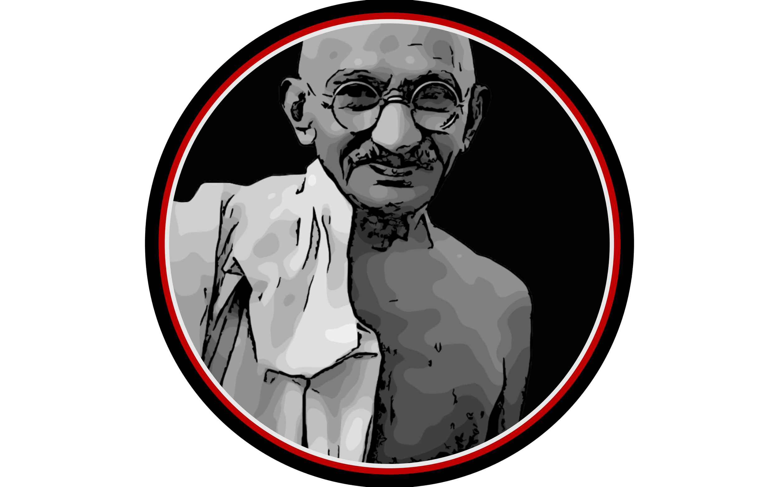 Gandhi picture with artistic vector, red, white and black lined circle around the image.Spirituality resource page profile for The Vermilion Border