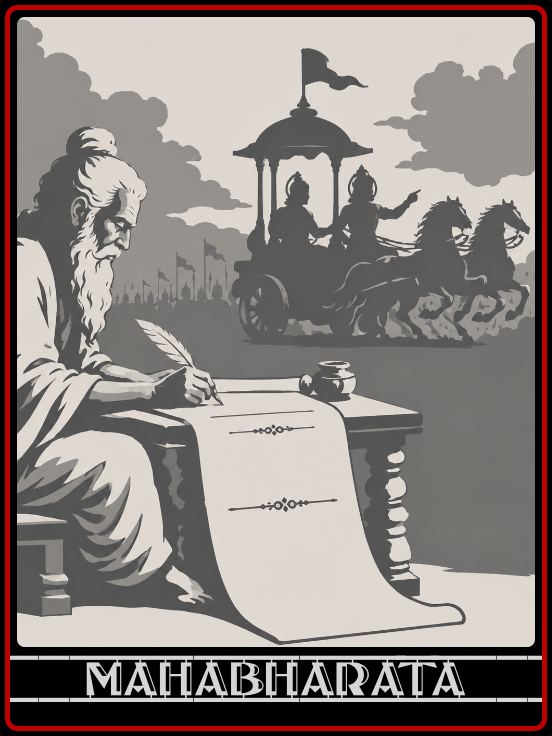 An illustration of Mahabharata, with a wise old man writing on a scroll, and a chariot with two warriors and horses in the background under a cloudy sky.