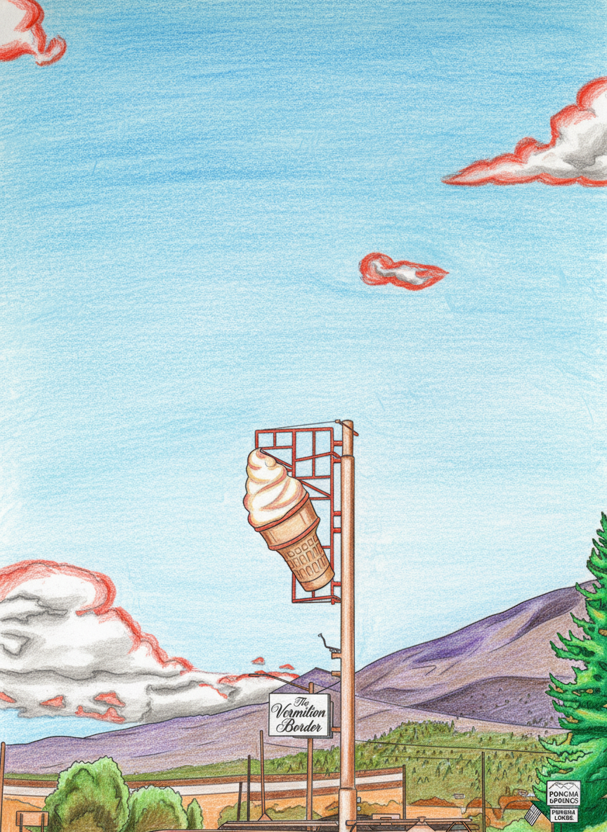A giant ice cream cone sculpture on a billboard structure in a rural area with mountains, trees, and a sign that reads "The Varminton Border."