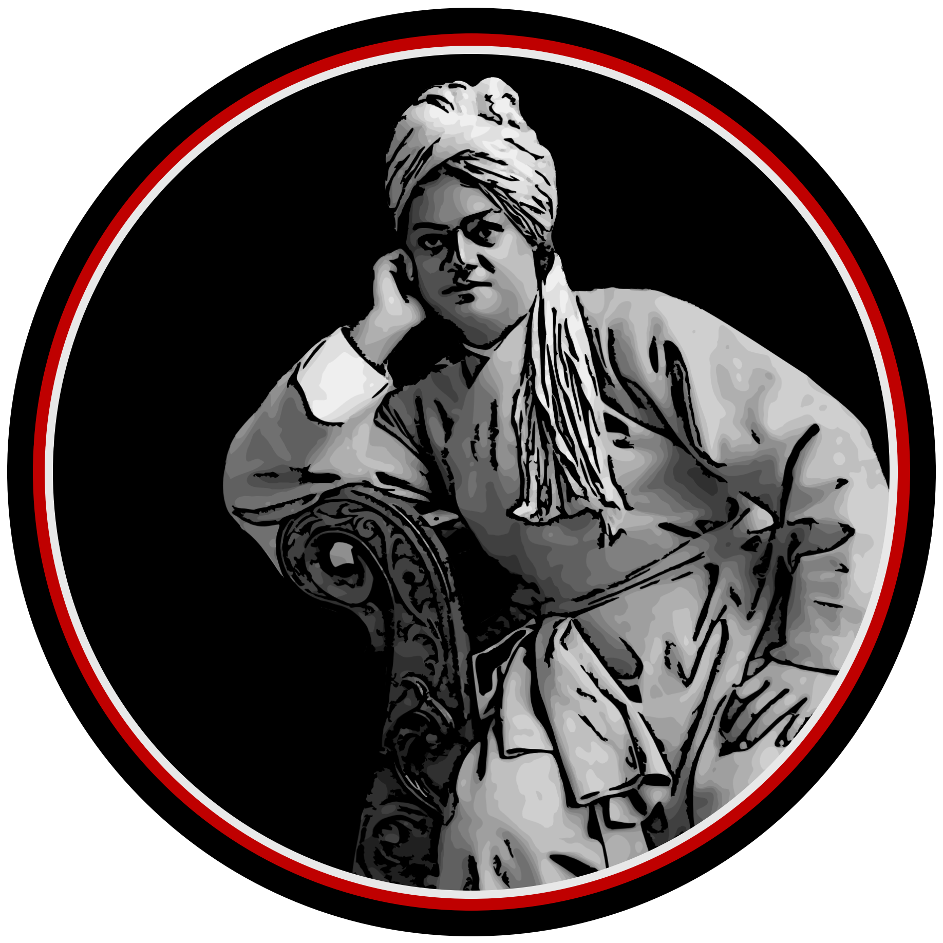 Black and white digital illustration of Swami Vivekanada with a turban, resting his head on his hand, inside a circular frame with red and white border.