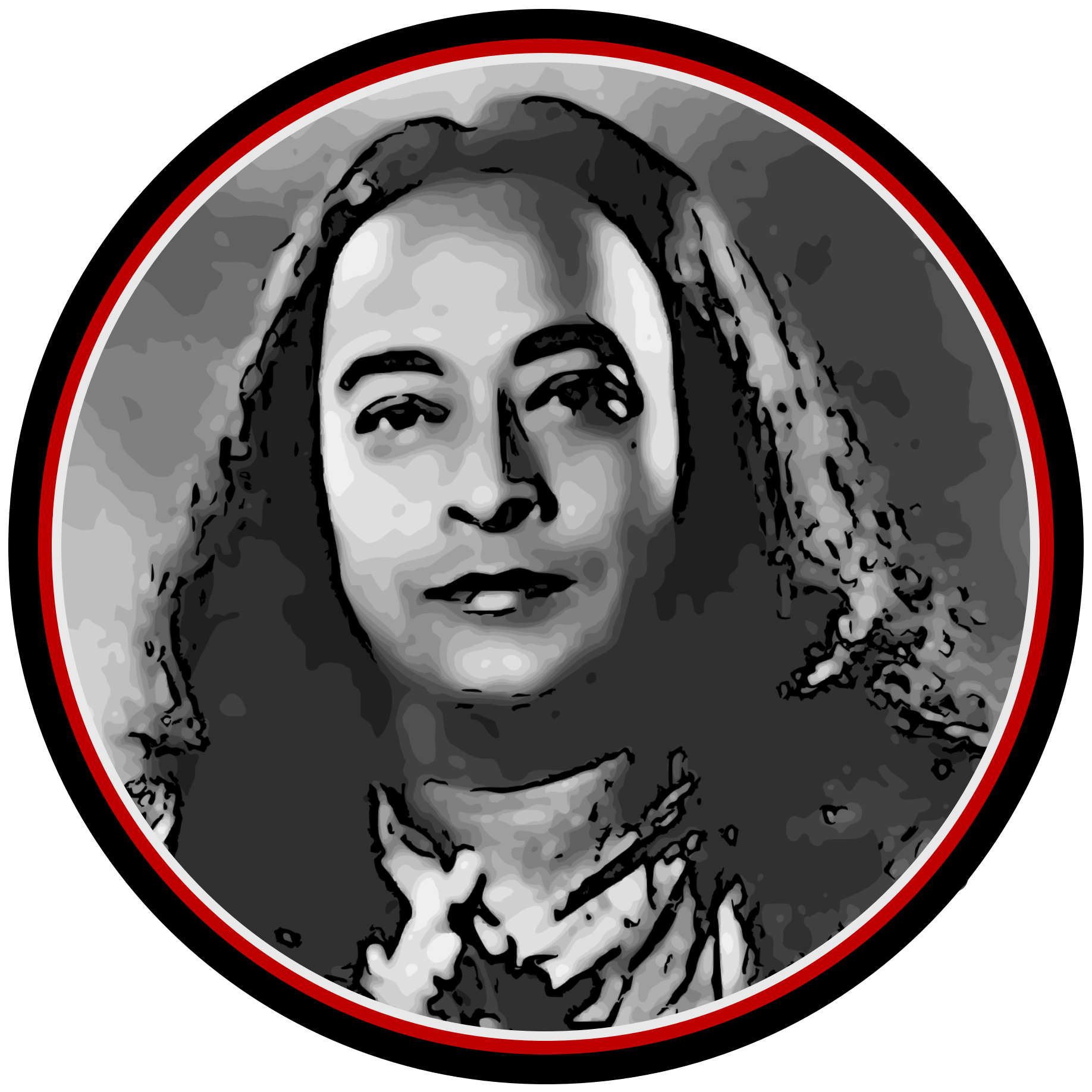 A stylized black, white, and gray graphic of Paramahansa Yogananda, inside a circular frame with a red outline.