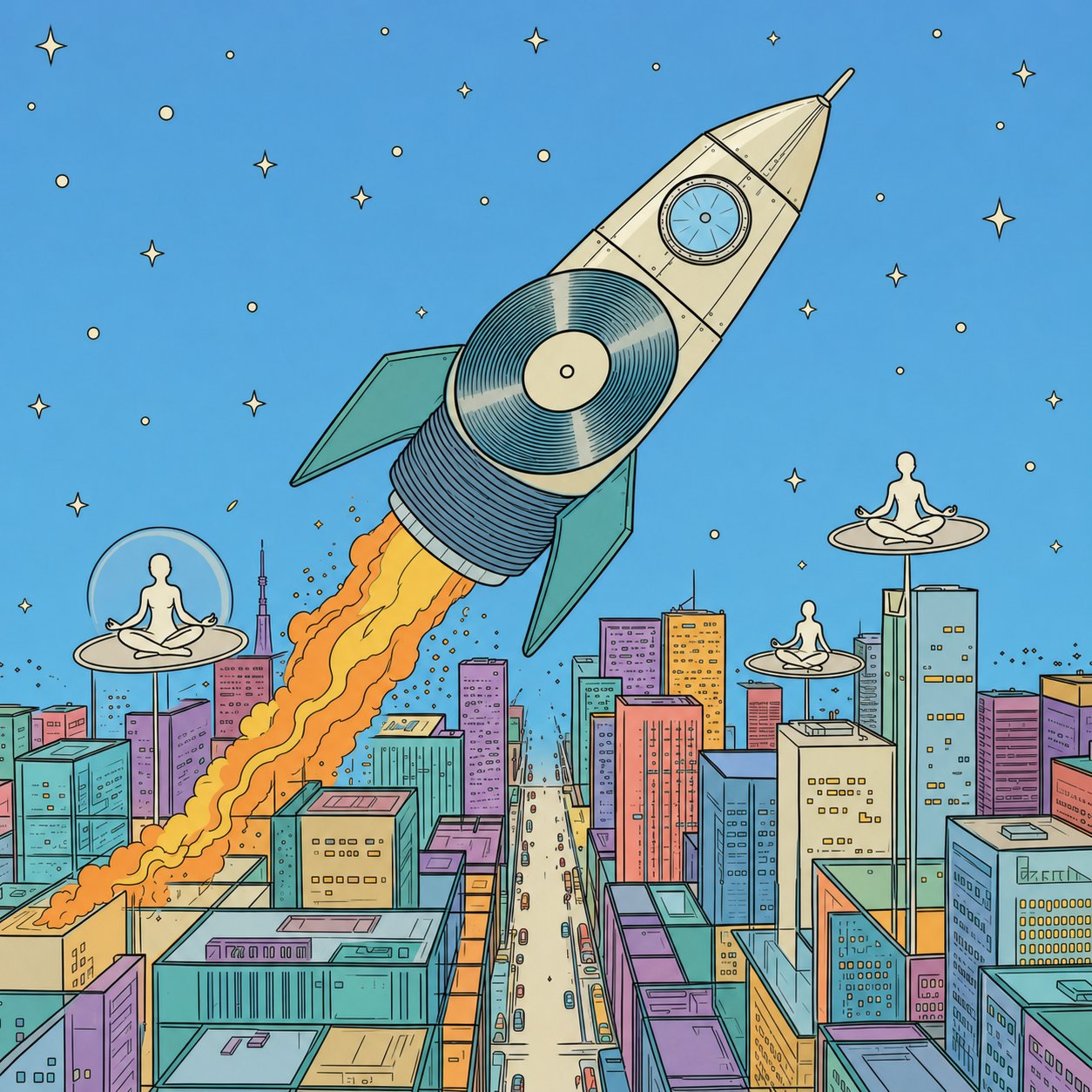 A rocket with a record on its side is flying above a colorful cityscape, emitting flames from its engines. Several floating platforms with individuals practicing meditation are present in the sky, with a starry sky background.