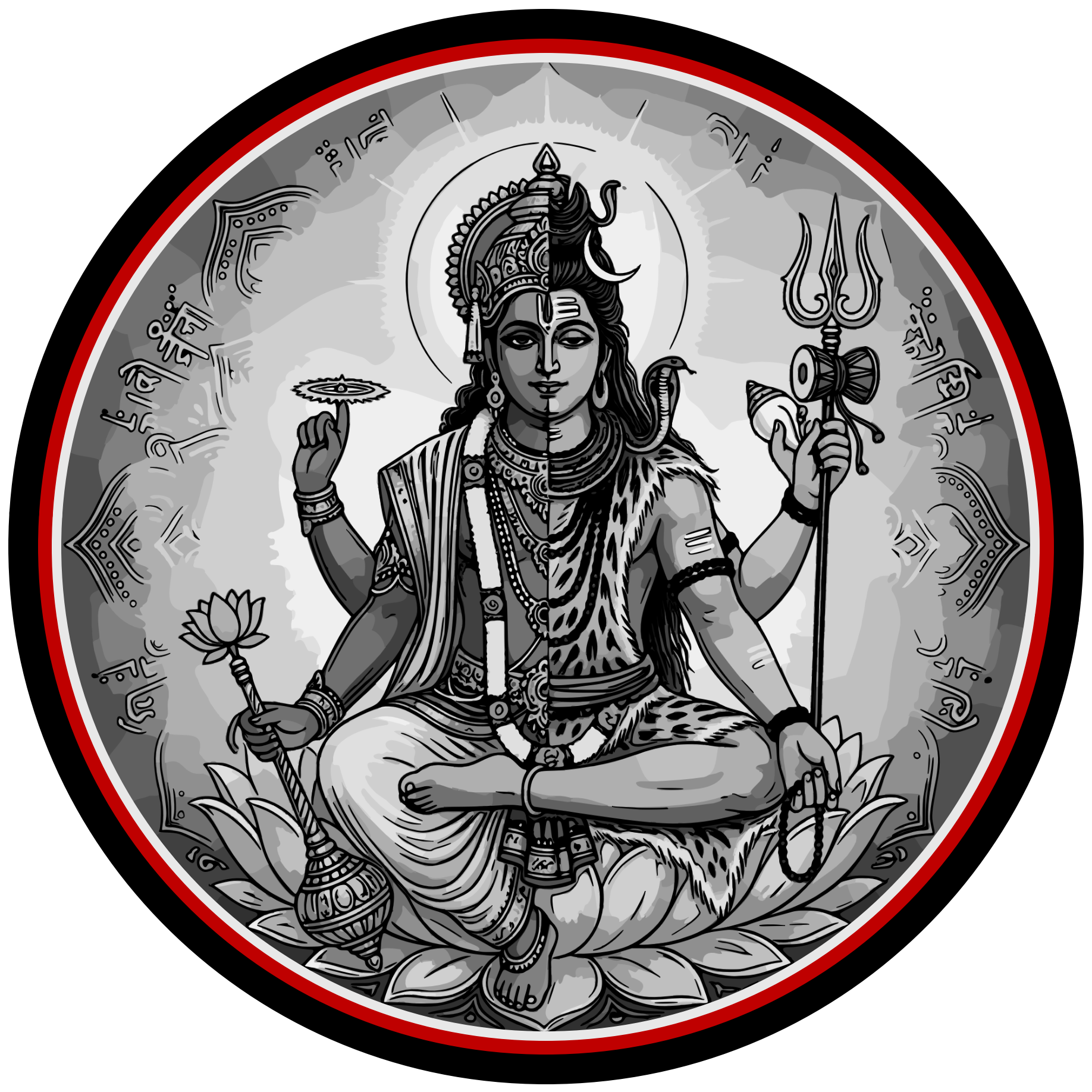 A black and white illustration of Hindu deity, Harihara, depicted with multiple arms, seated on a lotus flower with a decorated headdress and traditional attire.