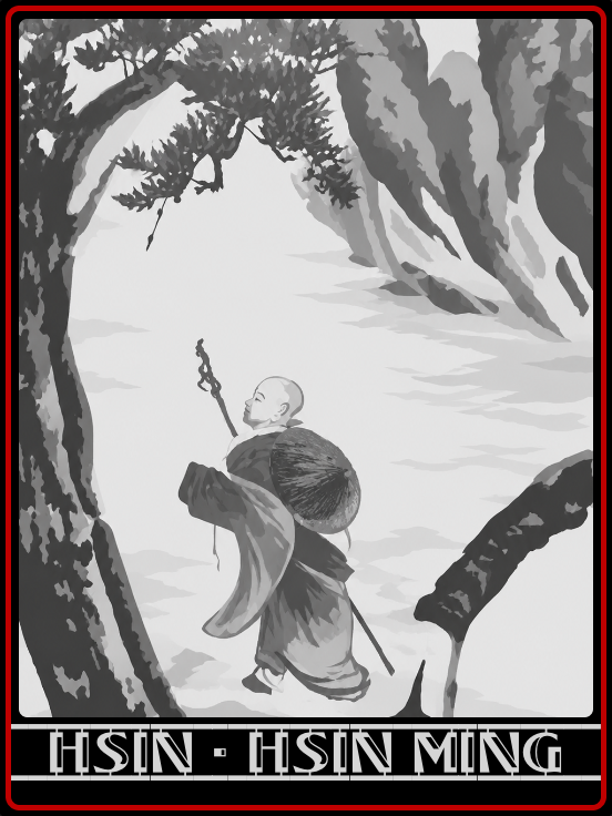 A monk walking through a forested mountain landscape carrying a staff and a large round basket on his back.