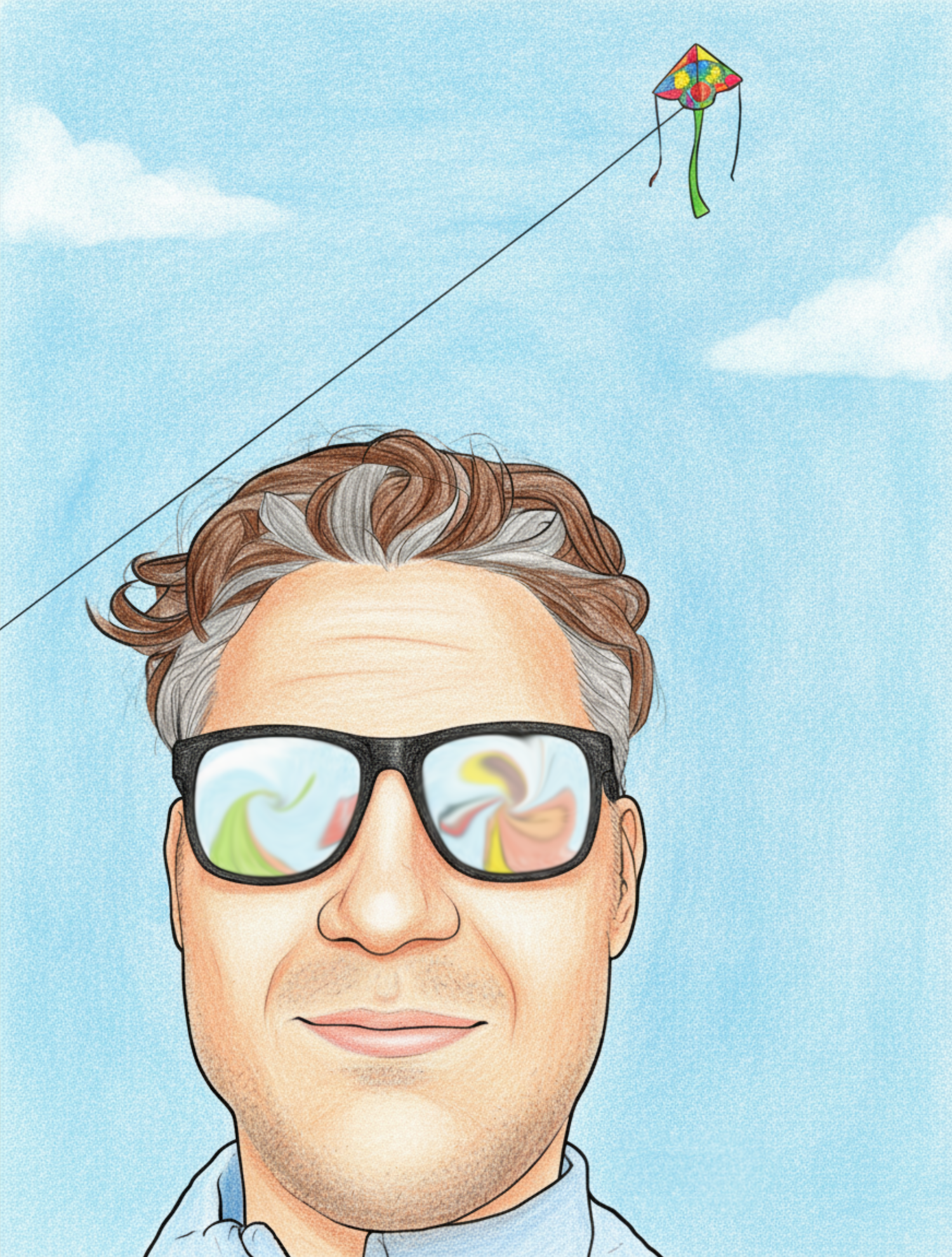 A photograph turned into a black and white line drawing of a man with a kite and sunglasses on, colored example