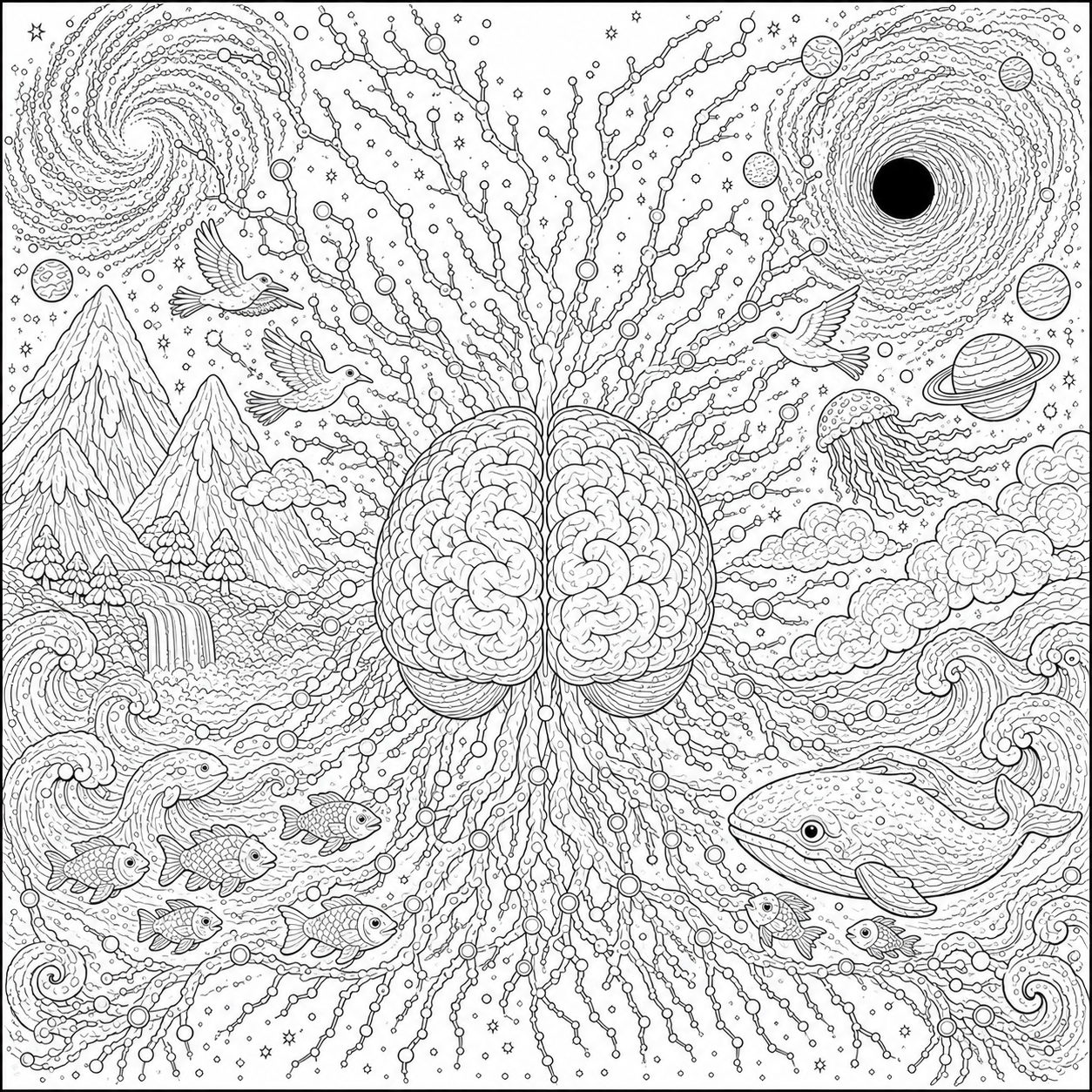 Black and white line drawing featuring a human brain in the center with tree branches extending upwards and outwards. Surrounding scene includes mountains, waterfalls, flying birds, fish, a jellyfish, planets, a black hole, and cosmic elements such as stars and swirling clouds.