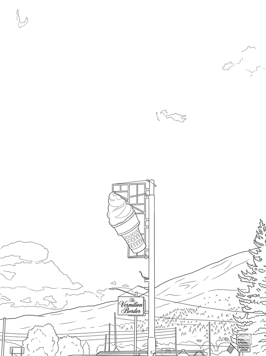 A line drawing of the Vermont border with a sign that reads "The Vermilion Border" and a billboard depicting an ice cream cone. Mountains, trees, clouds, and power lines are visible in the background.
