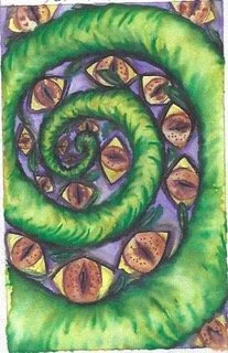 A black and white depiction of a snake with lots of cat-like eyes all around it as it spirals, inspired by the spirit of Grandmother Aya.  The panther.  The serpent.  Peru. Colored.