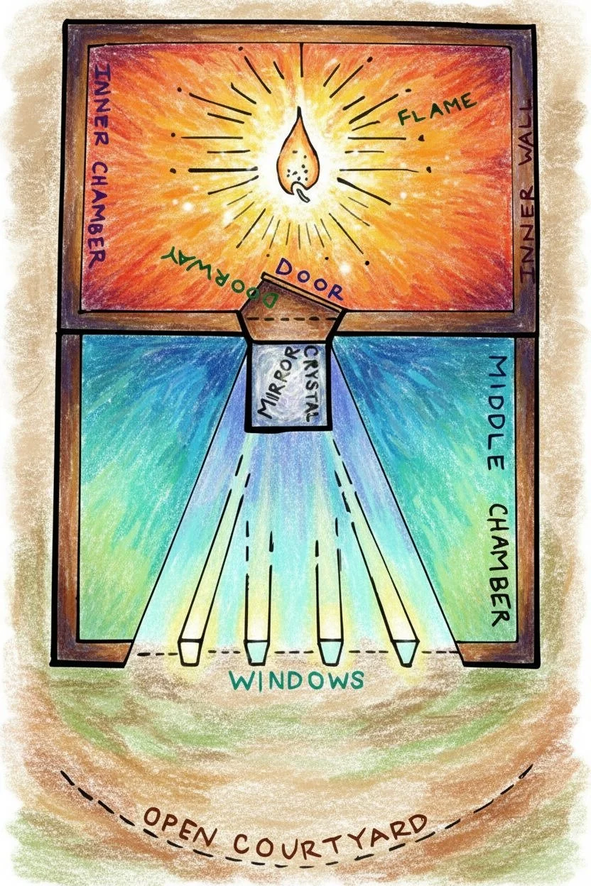 A black and white line drawing re-representation of Ramana Maharishi's visual depiction of the inner flame, doorways and windows. Colored.