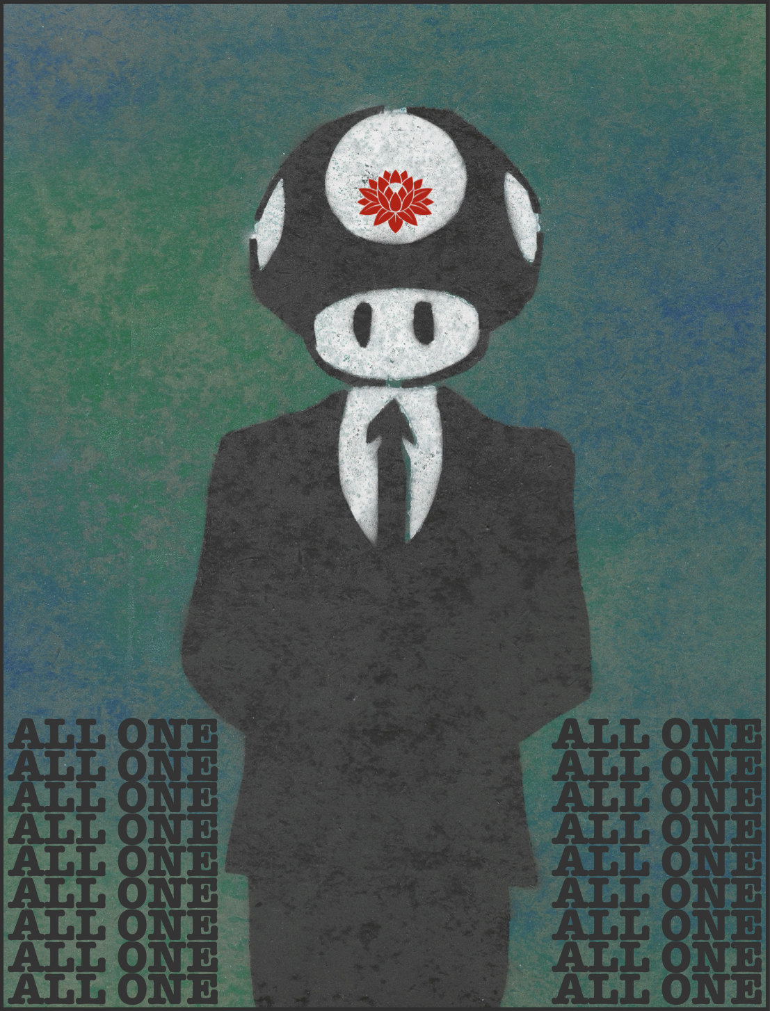 A stylized illustration of a person wearing a suit with a head, featuring a white face and black ears, with a red lotus flower symbol on the forehead. The background is a textured gradient of green and blue. The words 'ALL ONE' are repeated vertically on both sides of the figure.