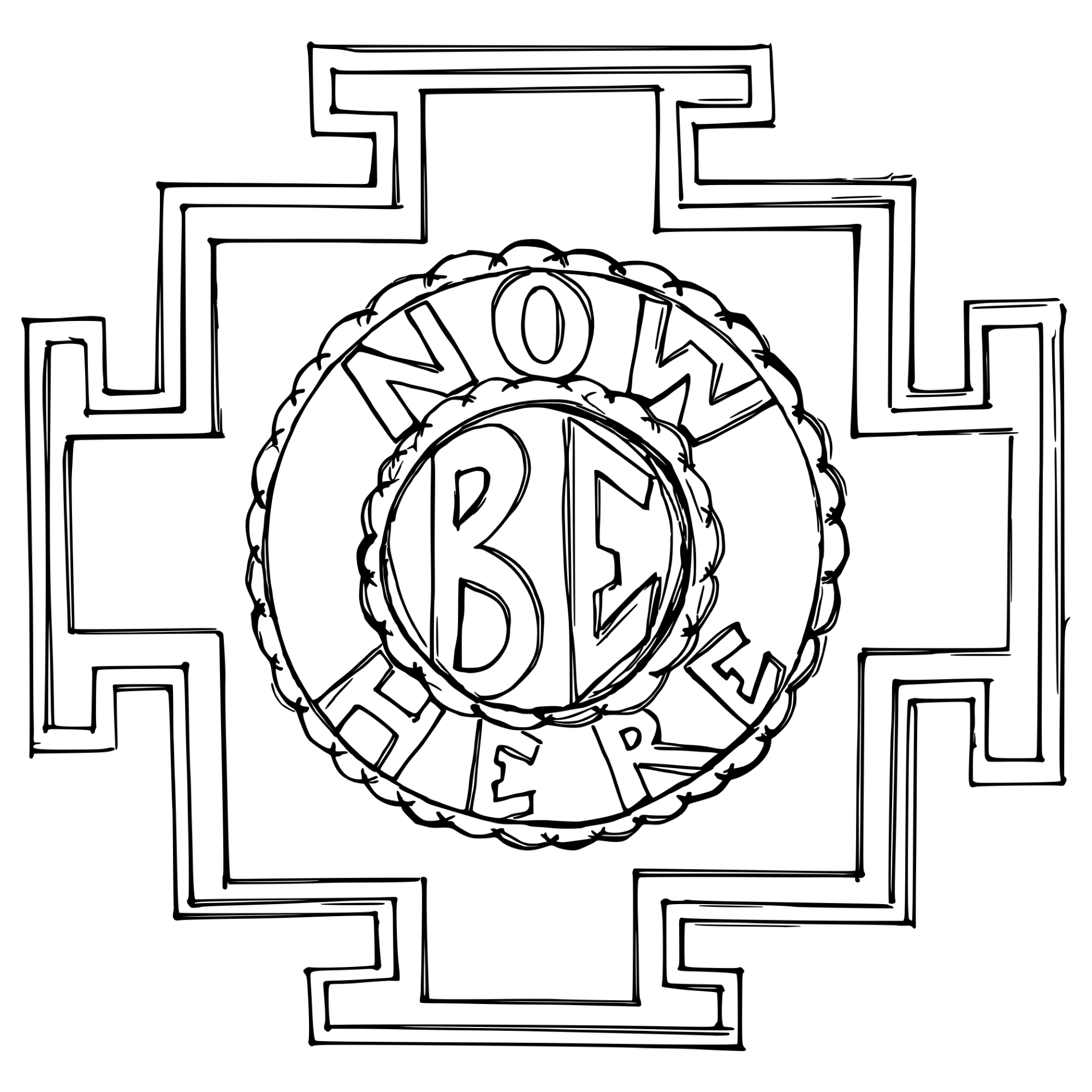 A black and white line drawing depicting a simple Tibetan mandala thangka with the words Now Be Here inspired by the book, Be Here Now by Ram Dass