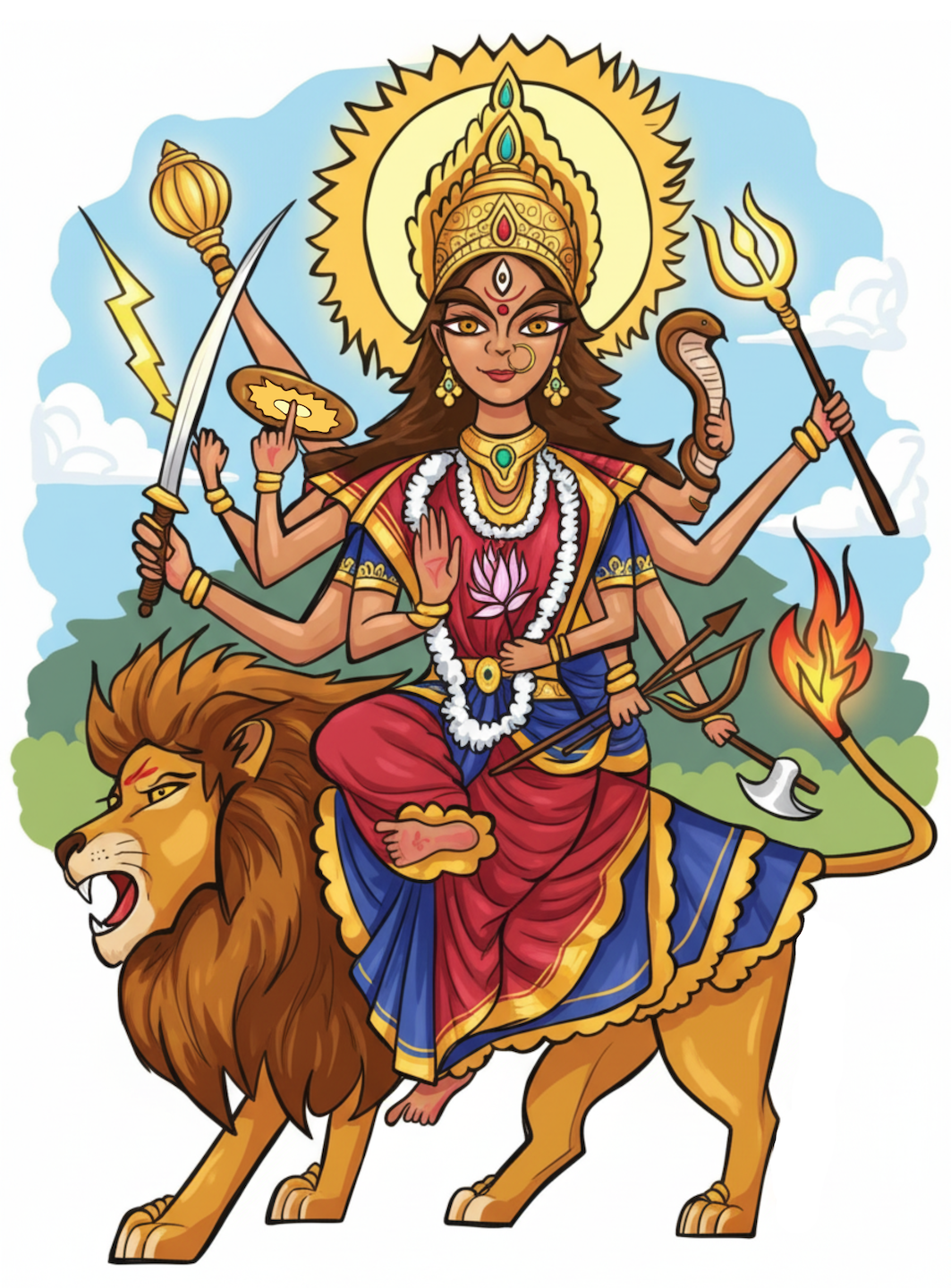 A black and white lined drawing illustration of the Hindu Goddess Ma Durga riding her vahana, a lion.  She has ten arms many of which hold weapons given to her from the Gods. Colored.